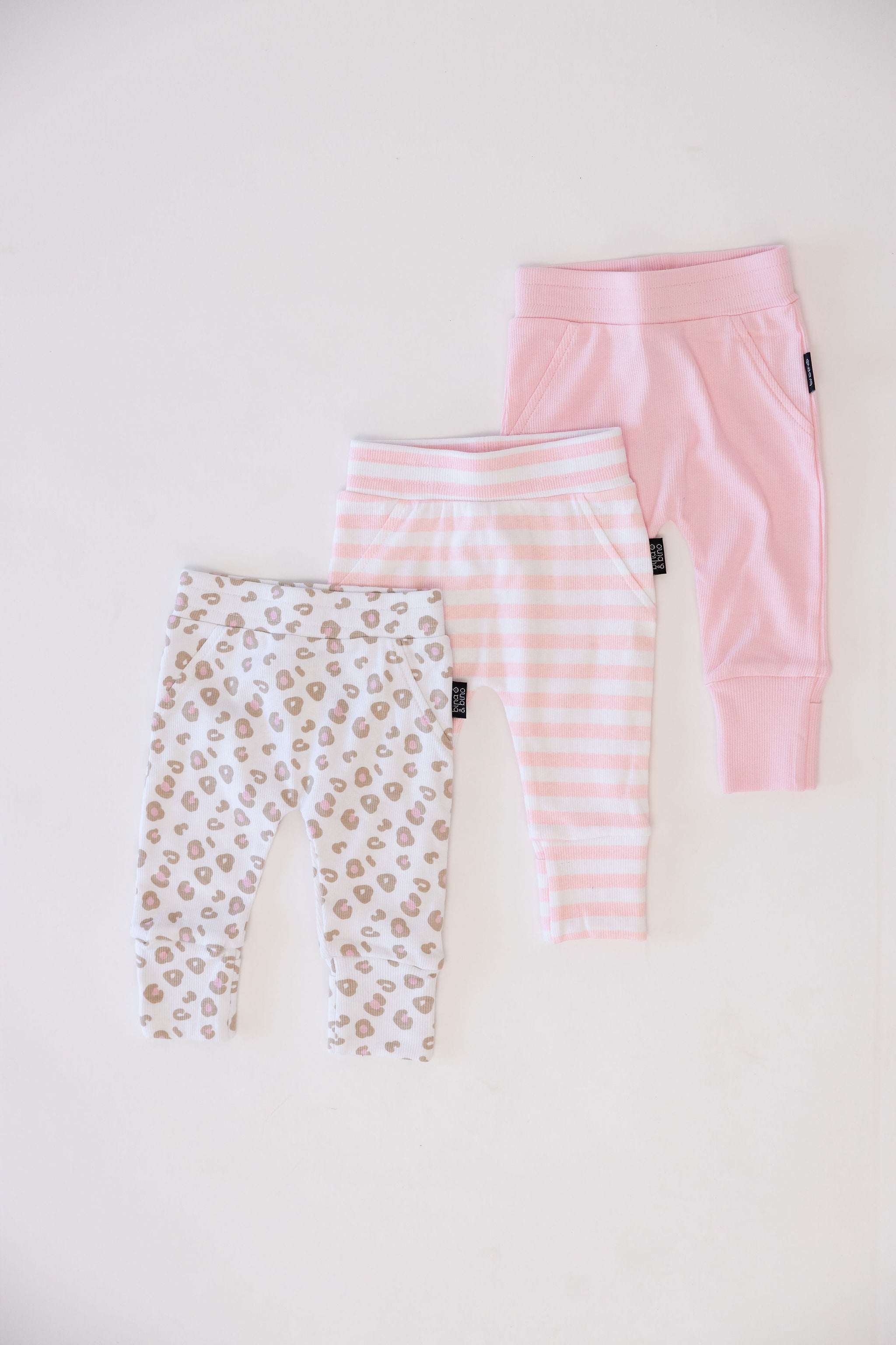 מארז 3 מכנסיים עם רגליות מתקפלות מבד ריב // PINK + PINK STRIPE + PINK LEO