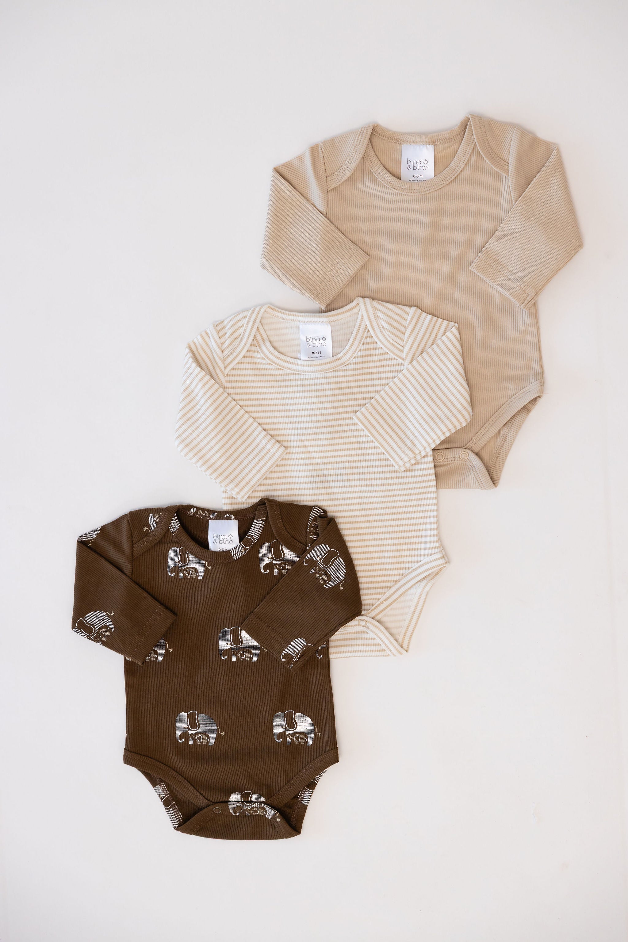 מארז 3 בגדי גוף מבד ריב // SAND + SAND STRIPE + ELEPHANT MAMA