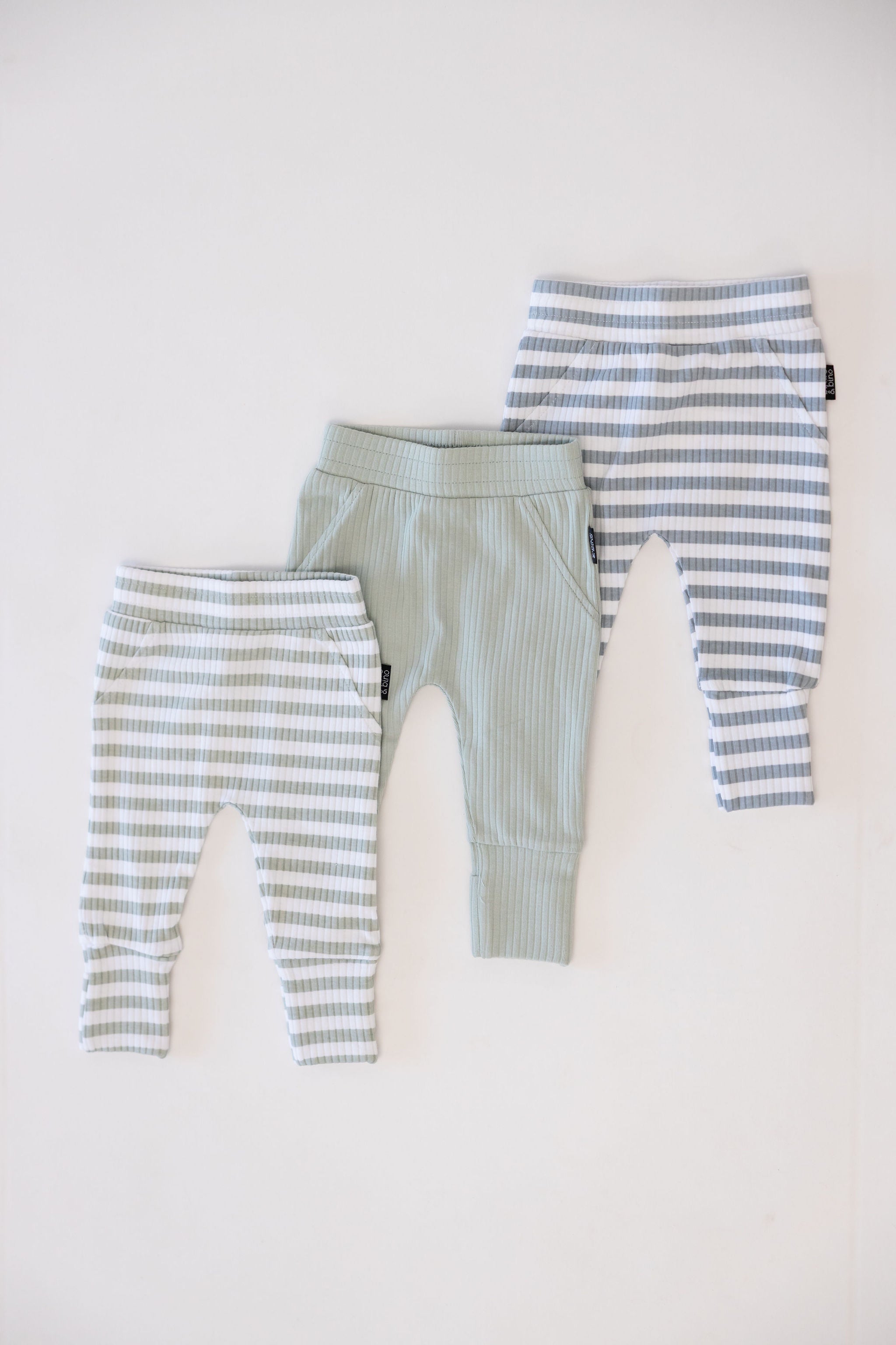 מארז 3 מכנסיים עם רגליות מתקפלות מבד ריב // SAGE + SAGE STRIPE + DUSTY BLUE STRIPE