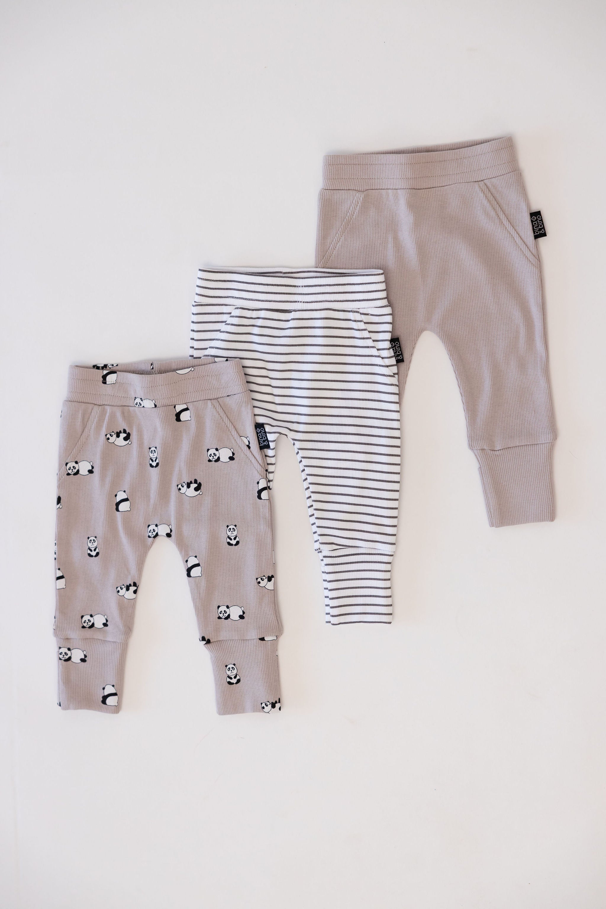 מארז 3 מכנסיים עם רגליות מתקפלות מבד ריב // TAUPE + CHARCOAL STRIPE + PANDA PARTY