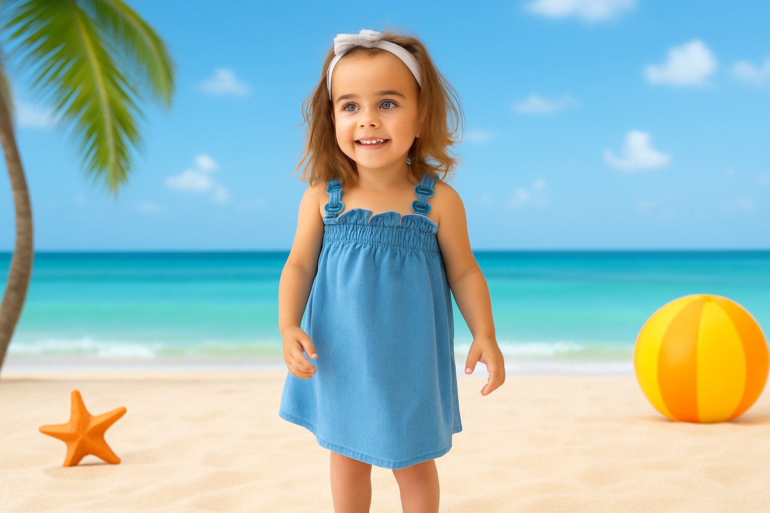 פעוטה בשמלת ג'ינס כחולה על חוף ים קייצי