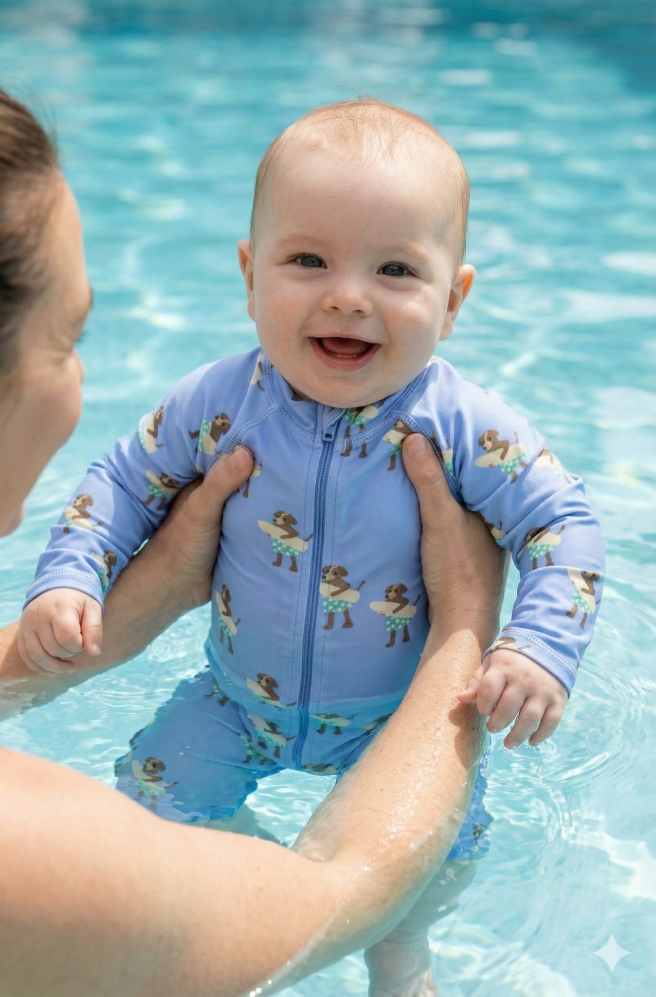 תינוק מחייך בתוך מי הבריכה מוחזק בזרועות אמו, לבוש בגד ים אוברול כחול עם שרוולים ארוכים והדפס כלבים גולשים מבית Bina & Bino.