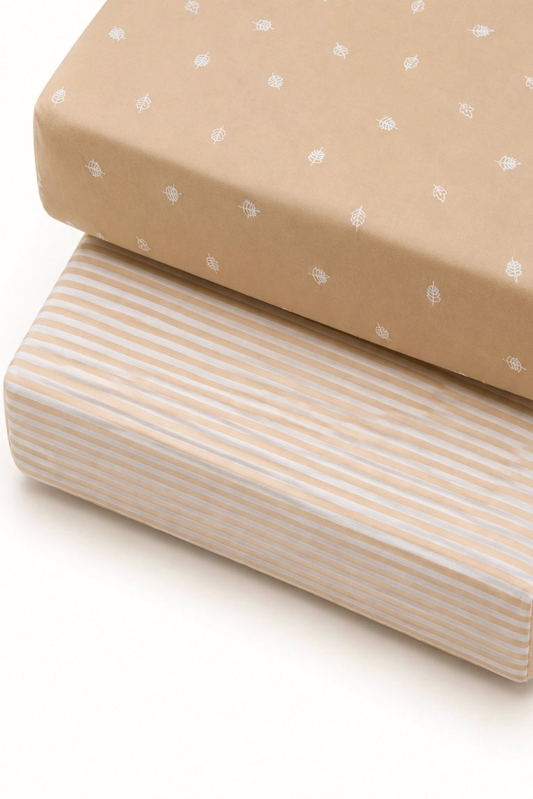מארז 2 סדינים לעריסה // TAN STRIPE + CALMING LEAVES
