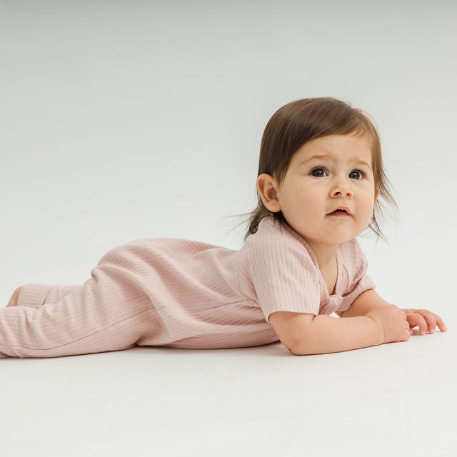 Two-Way Zip Short Sleeve Ribbed Onesie | Smokey Rose | Girl